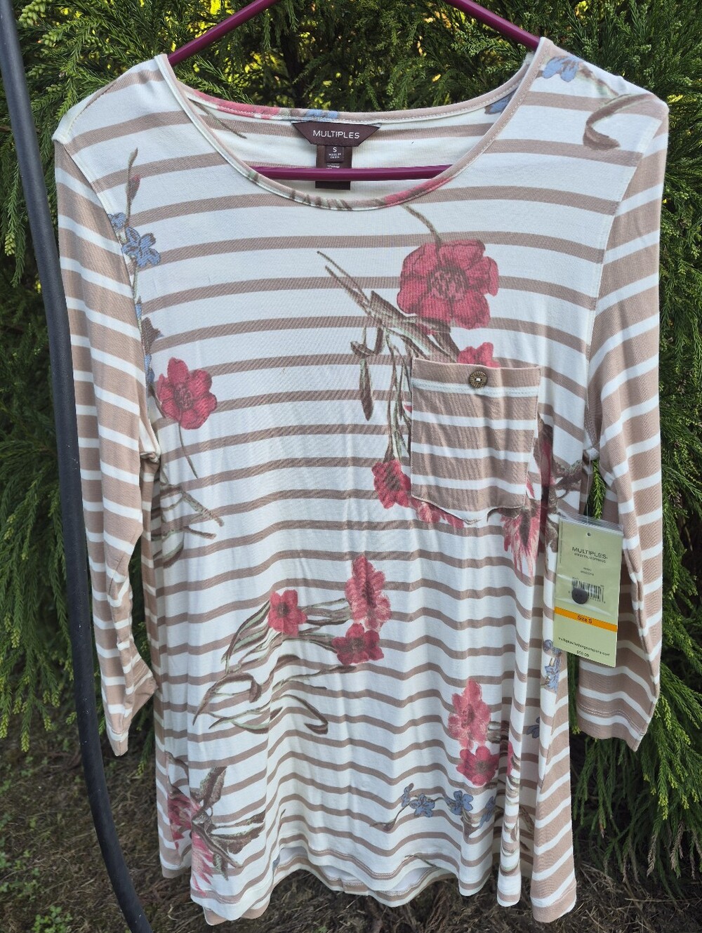 NWT Multiples Cream & Tan Striped Long-Sleeve Top with Pink Floral Print Small